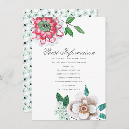 Botanische roze Floral Guest-informatiekaart Informatiekaartje (Voorkant / Achterkant)