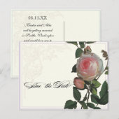 Botanische Roze Roos, Lila Save the Date Briefkaar Aankondigingskaart (Voorkant / Achterkant)