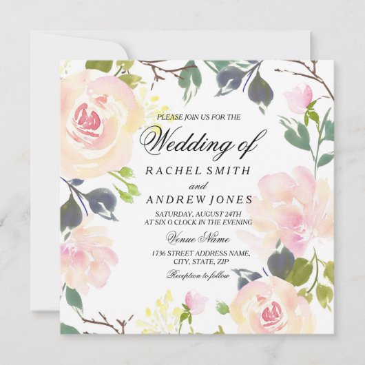 Botanische roze Rose Floral Weddenschap Kaart (Voorkant)