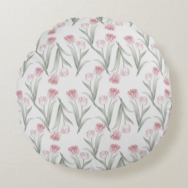  Botanische  Roze Tulpen Bloemwit Rond Kussen (Voorkant)