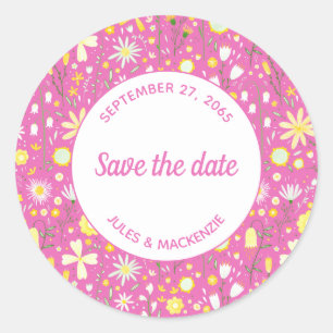 Botanische roze wilde bloemen, sla de datum op ronde sticker