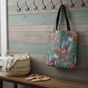 botanische Rozen en palmbladeren blauw Draagtas