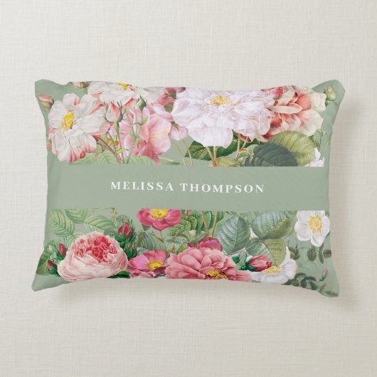  botanische Rozen Pastel Groen en Roze Accent Kussen (Achterkant)