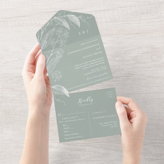 Botanische Sage Green All-in-One Weddenschap All In One Uitnodiging (Afscheurbaar)