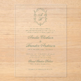Botanische Sage Groene Monogram Crest Wedding Acryl Uitnodigingen
