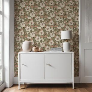 Botanische salie groen beige lelie bloemenpatroon behang