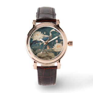  botanische scène blauwe kraan en lotus horloge