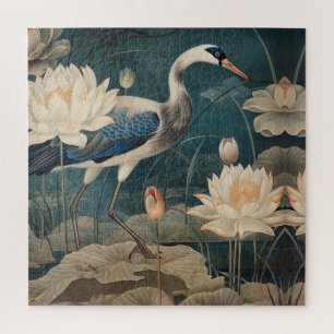 botanische scène blauwe kraan en lotus legpuzzel
