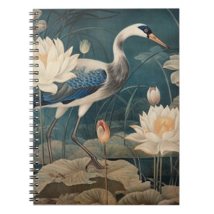 botanische scène blauwe kraan en lotus notitieboek