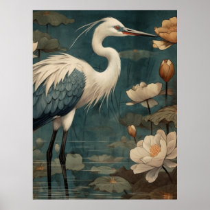  botanische scène blauwe kraan en lotus ook poster