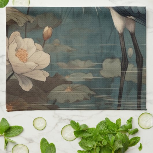 botanische scène blauwe kraan en lotus ook theedoek (Gevouwen)