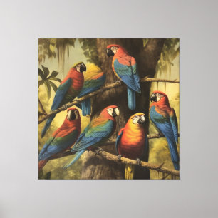botanische scène kleurrijke papegaaien in een boo canvas afdruk