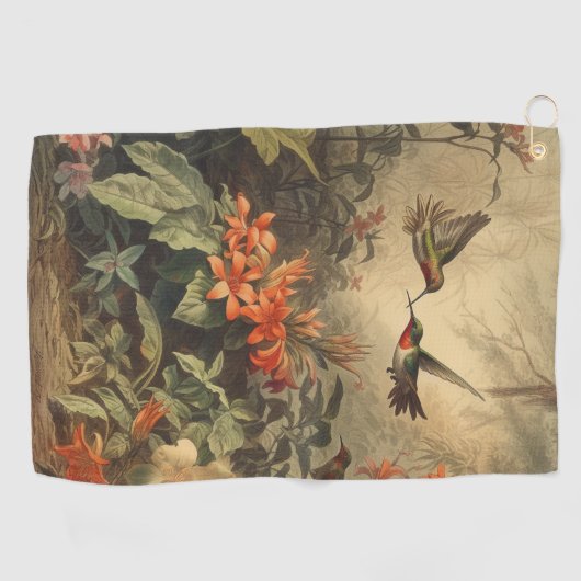 botanische scène kolibries en bloemen golfhanddoek (Horizontaal)