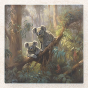 Botanische scène nieuwsgierige koala's in eucalypt glazen onderzetter