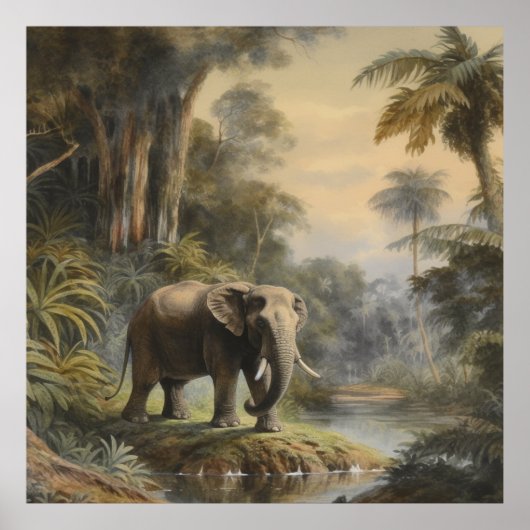  botanische scène olifant door oerwoud river poster (Voorkant)