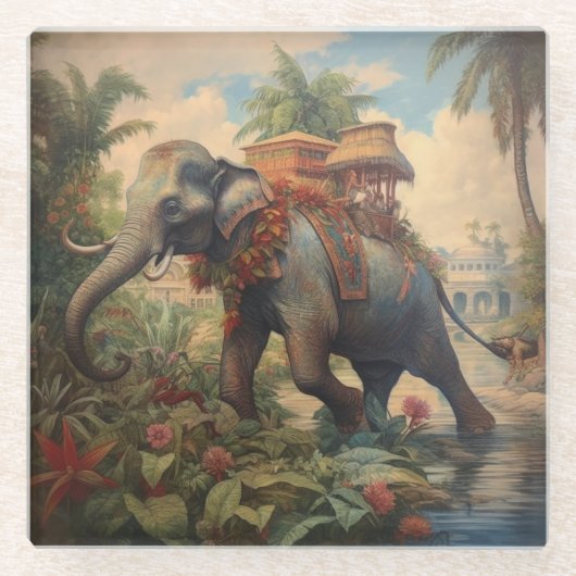  botanische scène olifant met howdah glazen onderzetter (Voorkant)