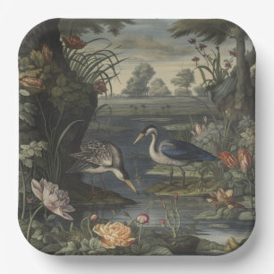 Botanische scène van blauwe kraan door een rivier papieren bordje