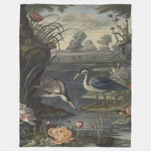 Botanische scène van blauwe kranen door een rivier fleece deken