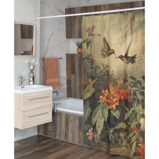 botanische scène van kolibriden en bloemen douchegordijn