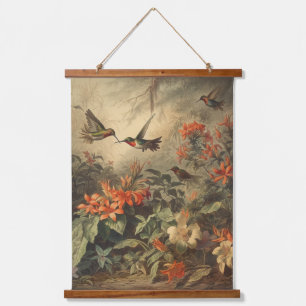  botanische scène van kolibriden en bloemen hangend wandkleed