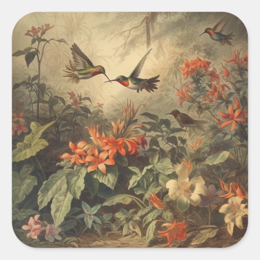 botanische scène van kolibriden en bloemen vierkante sticker (Voorkant)