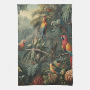 Botanische scène van papegaaien en ananassen theedoek