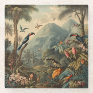  botanische scène van papegaaien en bloemen glazen onderzetter