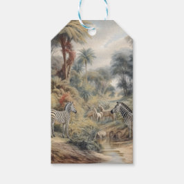 Botanische scène van zebra's en leeuwen in een oas cadeaulabel