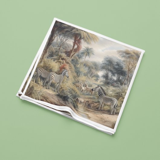Botanische scène van zebra's en leeuwen in een oas servet