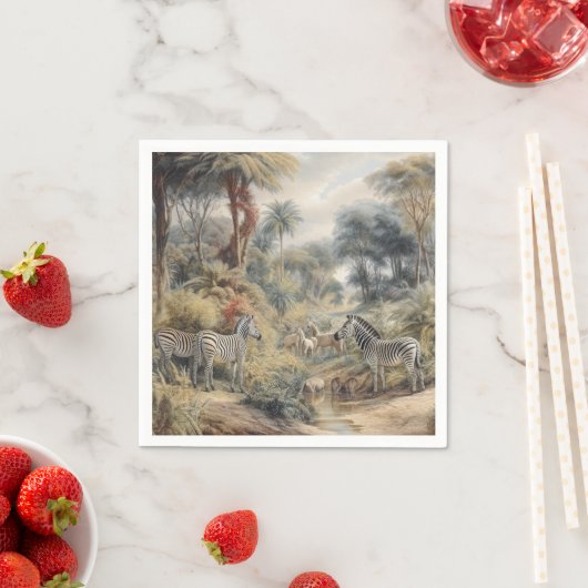 Botanische scène van zebra's en leeuwen in een oas servet (Insitu)