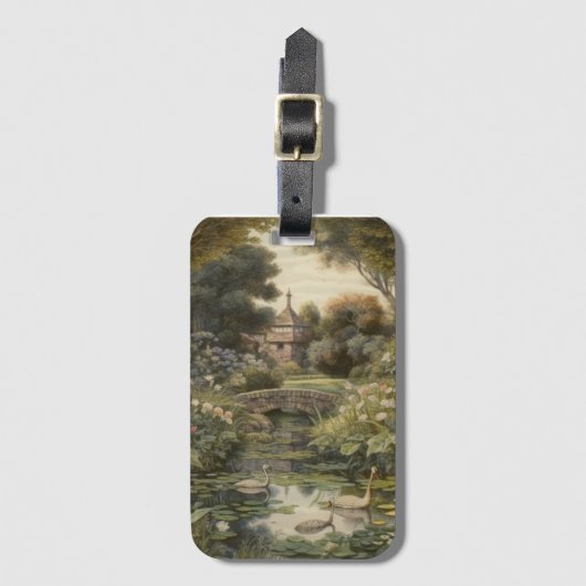 Botanische scène van zwanen in een Engelse tuin Bagagelabel (Voorkant (verticaal))