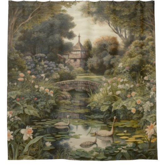 Botanische scène van zwanen in een Engelse tuin Douchegordijn (Voorkant)