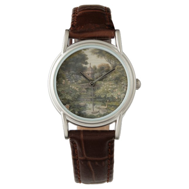 Botanische scène van zwanen in een Engelse tuin Horloge (Voorkant)