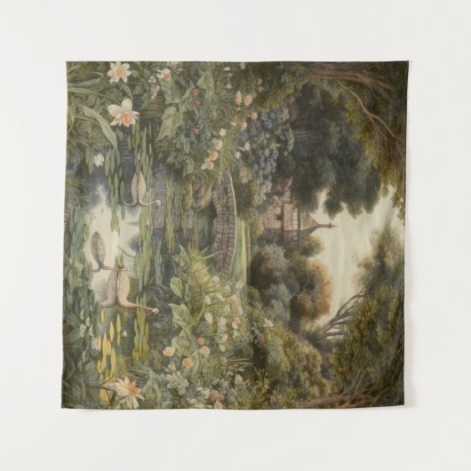 Botanische scène van zwanen in een Engelse tuin Wandkleed (Voorkant (horizontaal))