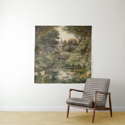 Botanische scène van zwanen in een Engelse tuin Wandkleed (In situ)