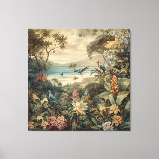 botanische scène vogelbloemen in het paradijs canvas afdruk (Voorkant)