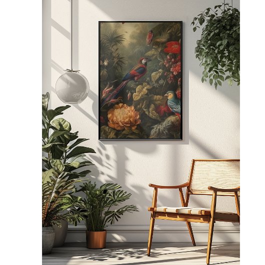 botanische scène vogelbloemen in het paradijs foto afdruk