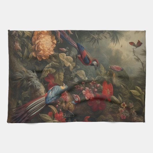 botanische scène vogelbloemen in het paradijs theedoek (Horizontaal)