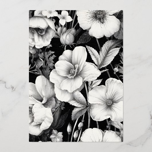 Botanische Schets Zwart Bloemen Bruiloft Echt Folie Uitnodiging (Achterkant)