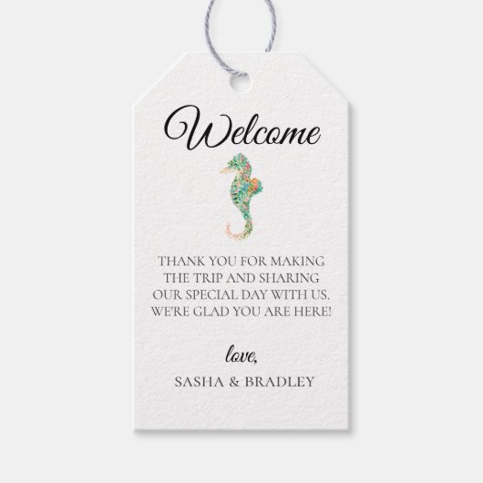 Botanische Seahorse bruiloft welkomsttas Cadeaulabel (Voorkant)