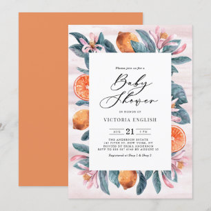 Botanische Sinaasappels en roze bloesems Baby show Kaart