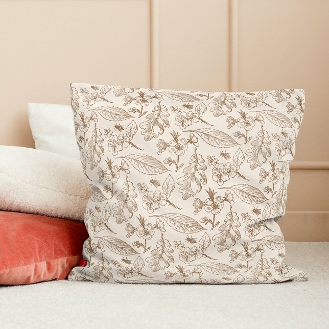 Botanische taupe Brown Ivory blaast Floral Pattern Kussen (Creator heeft geüpload)