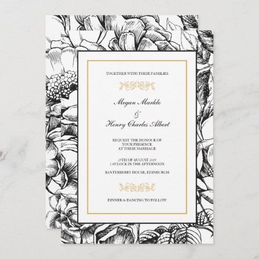 Botanische uitnodiging voor bruiloft in zwart-wit  (Voorkant / Achterkant)