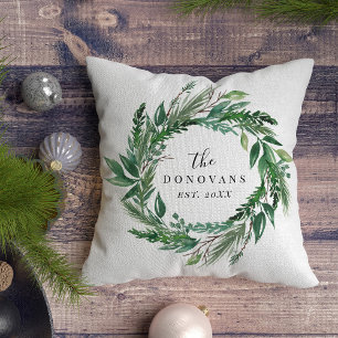 Botanische vakantie dennenkrans met familienaam kussen