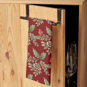 Botanische vakantie Red Holly Berries Greenery Theedoek
