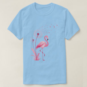 Botanische Vogelkunst Roze Flamingo Paardenbloem T-shirt