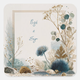 Botanische volkskunst Blue & Earth Wedding Vierkante Sticker
