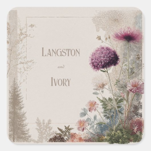 Botanische volkskunst Wildflower bruiloft Vierkante Sticker (Voorkant)