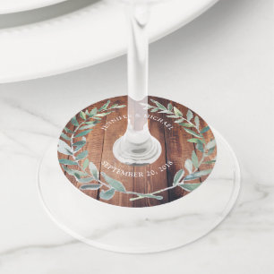 Botanische waterverf bladeren op rustieke houten b wijnglaslabel