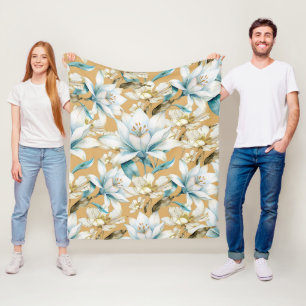 Botanische waterverf blauw wit goud lelie bloemen fleece deken